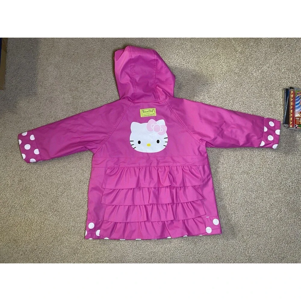 Western Chief Kids Hello Kitty Cutie Dot Pink Hooded Rain Coat Size 2T